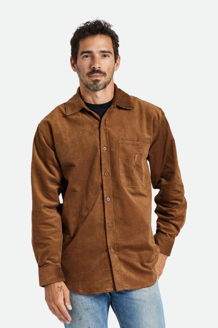 υφαντά μπλουζάκια ανδρικα Brixton Porter L/S Waffle Corduroy καφε | 39261-ULYJ