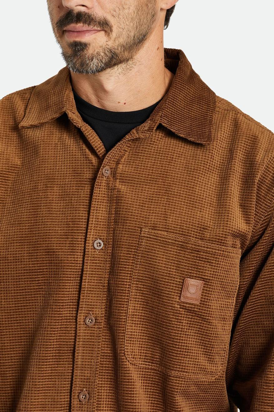 υφαντά μπλουζάκια ανδρικα Brixton Porter L/S Waffle Corduroy καφε | 39261-ULYJ